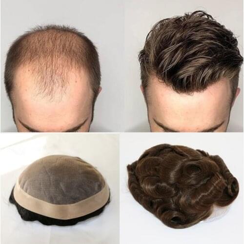 Mens Toupee Mono With PU Hair Replacement Systems Indian Remy Human HairPiece Wig Natural Handmade