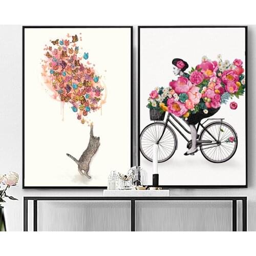 Scandinavian Style Girl Flower Bike Abstract Wall Art Canvas Painting Nordic Cat Catch Butterfly Posters Prints for Living Room
