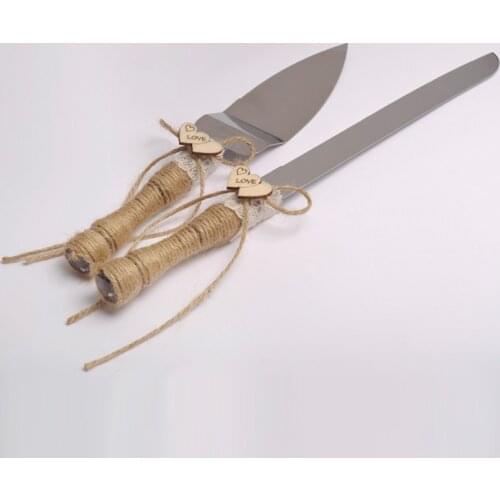 Rustic Wedding Cake Knife and Server Set Stainless Steel Cake Shovel Pizza Party Pie Baking Tool Natural Burlap Twine Handle 2pc