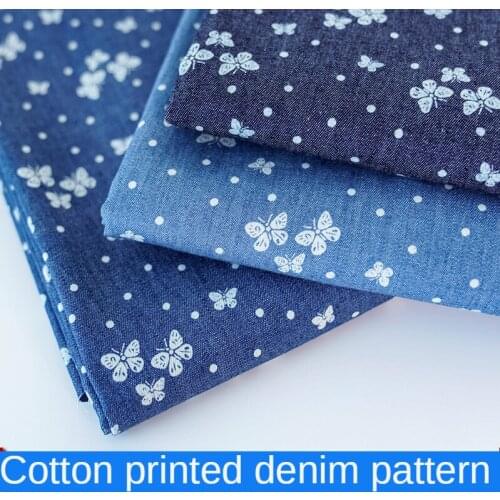 Thin Denim Pure Cotton Fabric Butterfly Stripe Stars Printed Soft Washed Clothing Flowers Brocade Sewing for Dress Pants Skirt