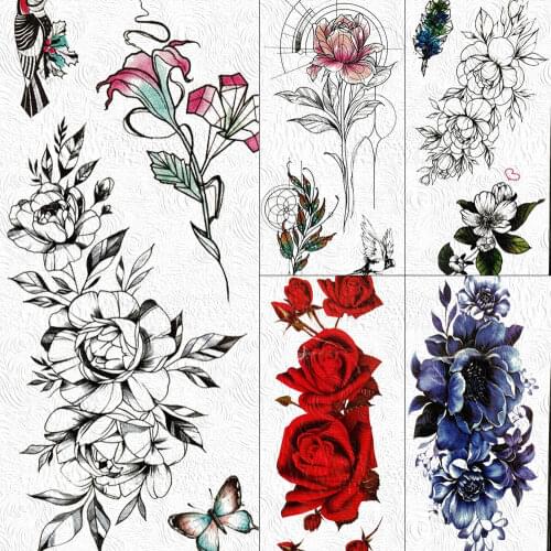 Black Flower Rose Temporary Tattoos Flora Sticker Body Art Painting Arm Fake Waterproof Tattoo For Women Girls Peony Tatoos Sexy