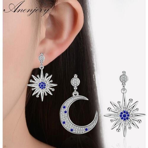 ANENJERY 925 Sterling Silver Luxury Earrings For Women Moon Star Micro Zircon Asymmetric Tassel Earrings oorbellen S-E545
