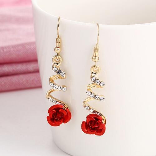Vintage Red Rose Drop Earrings For Women Rose Gold Color Statement Dangle Earrings With Crystal Rhinestone Wedding Jewelry