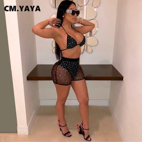 CM.YAYA Women Bikinis Set Halter Bandage Bra Tops Backless Mesh Sheath Elastic Shorts 2 Two Piece Sets Sexy Beachwear Outfit