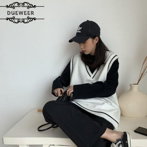 Autumn Winter Women v-Neck Sleeveless Brown Sweater Vest Female Student Korean Loose Oversize Knitted Pullover