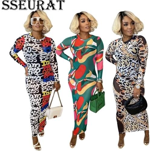 SSEURAT Women Print Long Sleeve Bodycon Midi Sexy Party Club Maxi Dress Bandage Long Dresses