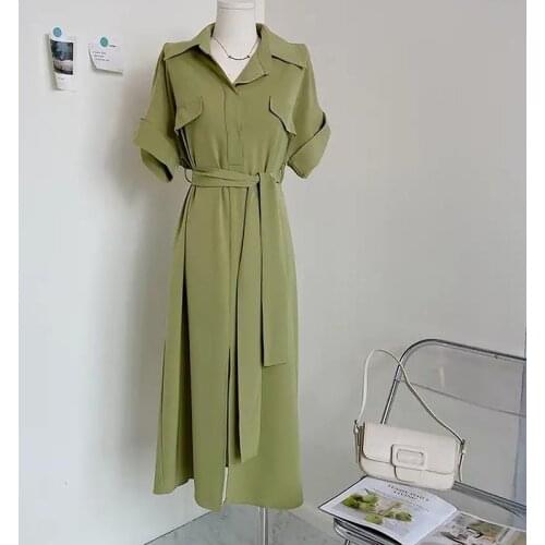 Women Shirts Dress Office Lady Long Puff Sleeve V-Neck High Waist Mini Dress Solid Green Black Defined Waist Shirt Tunic Dress