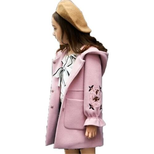 Winter Woolen Jacket For Girl New 2021 Korean Version Fashion Flared Sleeves Coat Hooded Casual Slim Print Childrens Clothing