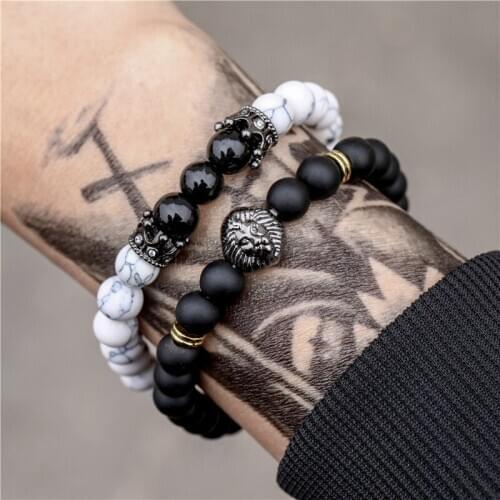 2Pcs/Set Fashion Men Couple Bracelet Sets 8MM Natural Stone Lion Crown Charm Bead Bracelet Sets For Men Holiday gift jewelry