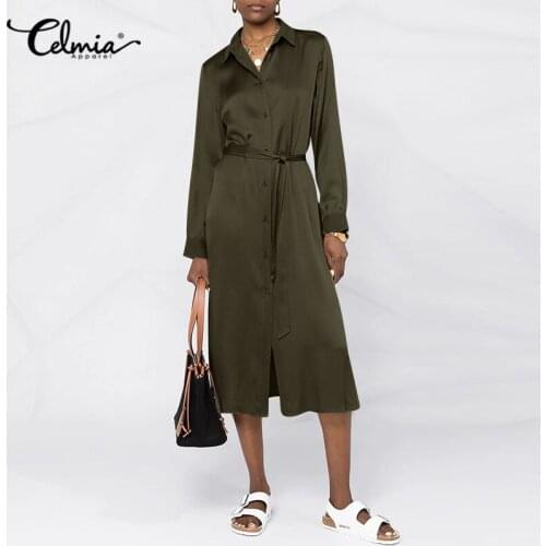Satin Silk Midi Dress 2021 Celmia OL Casual Turn-down Collar Shirt Dress Women Elegant Long Sleeve Belted Split Hem Vestido Robe