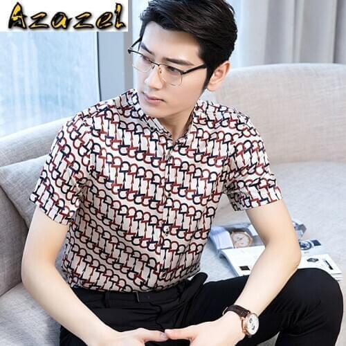 Azazel Real Silk Summer Shirt Men Short Sleeve Printed Shirt Social Mens Shirts Casual Slim Fit 2010 Camisas Hombre 4320 KJ1944