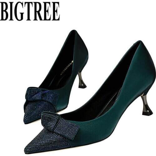BIGTREE 2020 Luxury Rhinestone Heels cat heel Shoes Pointed Toe Butterfly-Konto Pumps Women Shoes Dress Party Ladies Sexy Heels