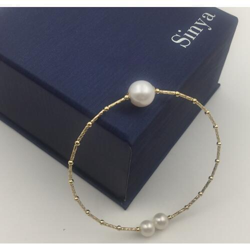 Sinya Natural pearls 18k AU750 gold tube Bangles for women girl Mom lover bracelet diameter 55mm pearl diameter 9-10mm