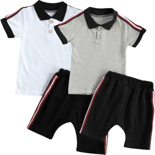FOCUSNORM 0-5Y Summer Kids Boys Clothes Sets Striped Patchwork Short Sleeve Turn Down Collar T Shirts Shorts 2pcs