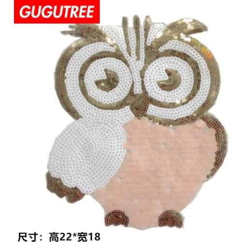 GUGUTREE embroidery Sequins big owl patches bird patches badges applique patches for clothing LS-6