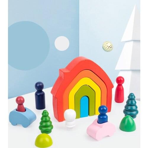 Montessori Rainbow Waldorf Toys Block Early Leranning Educational Stacker Creative Rainbow Building Blocks Wooden Toys For Kids