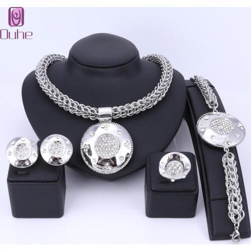 Vintage Silver Color Nigerian Wedding African Beads Jewelry Sets For Women Imitated Crystal Necklace Bracelet Earring Ring Set