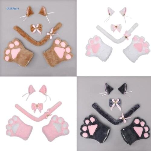 Cosplay Cat Set Plush Tail Ears Hair Clips Gloves Bowknot Anime Maid Props