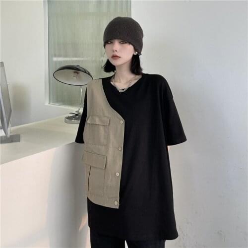 Summer Fake Two Pieces Women O Neck Casual T-shirt Vintage Black Lady Harajuku Loose T Shirt Short Sleeve Pocket Button Tees Top