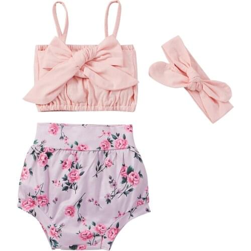 New 3 Pcs Summer Outfits, Baby Girls Solid Color Spaghetti Strap Boat Neck Camisole with Bowknot + Floral Shorts + Headband