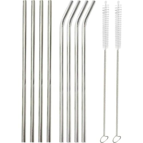 Reusable Drinking Straw Set Straight Bent 304 Stainless Steel Metal Straw With Cleaner Brush Kitchen Bar Accessories