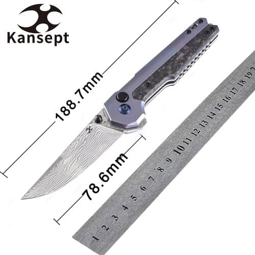 Kansept Knives EDC Tac K2009A4 Pocket Gentleman Knife 3.1in Damascus Blade Titanium and Shred CF Handle Tactical Camping Knife