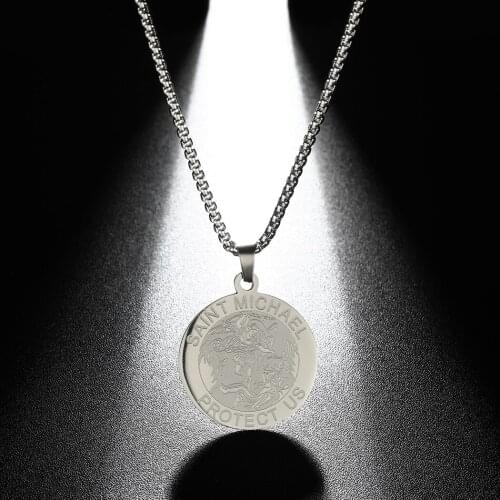 QIMING Stainless Steel Saint Michel Pendant Necklace For Women Scapular Round Religious Jewelry Medal EXCLUSIVE Necklace