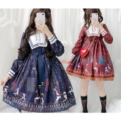 Japanese Style Girl Long sleeve Lolita Dress sailor collar Kawaii Autumn Carousel Printed Maid Costume dress B295