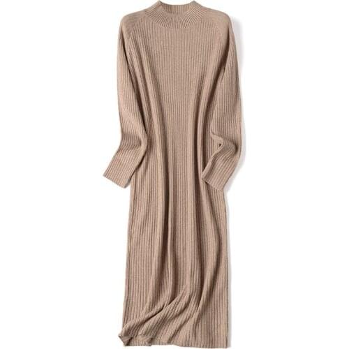 BYGOUBY Elegant Turtleneck Knitted Sweater Dress Women Long Knit Straight Dress Solid Pullover Christmas Party Dress Robe Femme