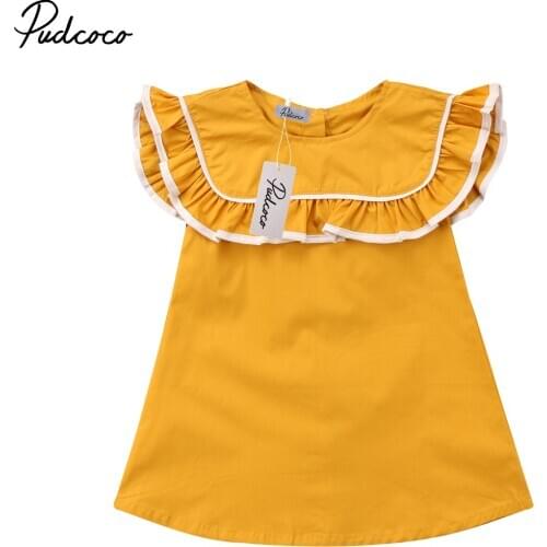 Pudcoco Kids Baby Girl Clothes Princess Ruffles Sleeve O-neck Yellow Dress 1-6years Helen115