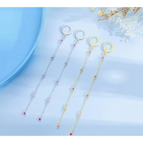 Real 925 Sterling Silver Color Zircon Long Chain Tassel Hoop Earrings For Fashion Women Party Fine Jewelry Accessories