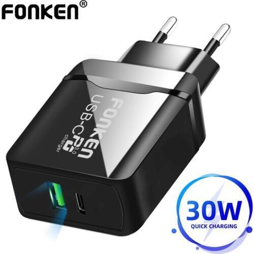 FONKEN USB C PD Charger Dual Port Fast Charging for Phone Adapter 2 Port 30W QC 4.0 3.0 Quick Charge Wall Chargers