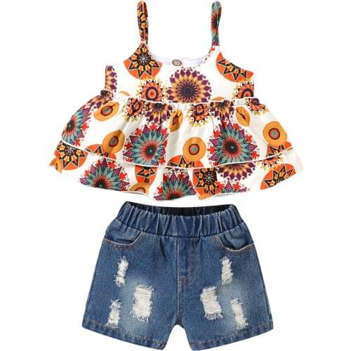 Toddler Baby Kids Girls Bohemias Floral Printed Top+ Ripped jean Shorts Outfits Baby Girl Clothes ropa niña meisjes kleding 2021