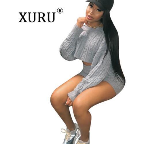 XURU autumn and winter new womens sweater jumpsuit two-piece sexy classic wild sweater one-piece shorts suit