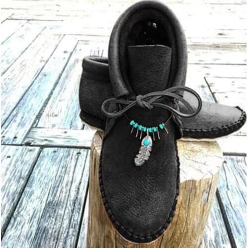 2021 Winter PU Leather Women Boots Flat Lace-Up Ankle Boots Fashion Retro Snow Boot Pendant Booties Ladies Shoes Botas De Mujer