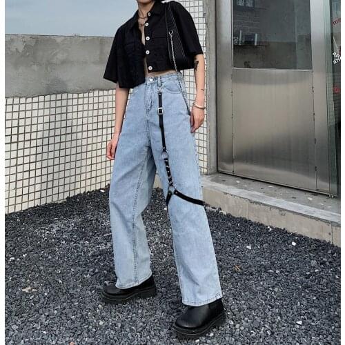 Womens wide-leg jeans 2021 new Korean version of the high-waist Hyuna style leg loop design loose straight-leg pants