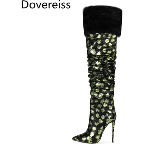 Dovereiss Fashion Womens Shoes Winter Pointed Toe Zipper sexy Flower Stilettos Heels new Ladies Boots Knee High Boots 34-47