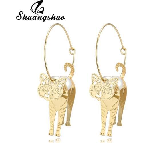 Shuangshuo Cute 3D Cat Hoop Earrings for Women Gold Color Imitation Pearl Animal Earings Handmade Jewelry Earing Birthday Party