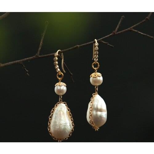 New Arrival 925 Silver Hook Gold Color Dangle Drop Earrings with Two PCS Natural Freshwater Pearls Long Drop Earring for Woman