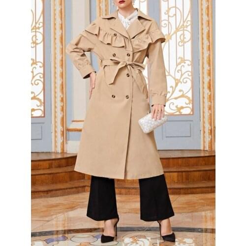 High Quality Khaki Windbreaker For Women Spring New Arrival Elegant Double Breasted Long Coat 2021 Ruffles Womens Trench