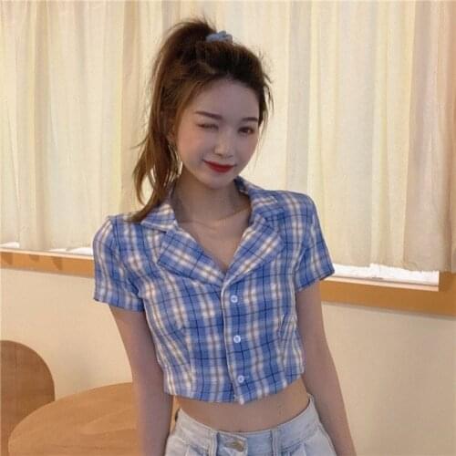 Hstar 2021 Women Summer Plaid Turn Down Collar 7colors Sweet Crop Top All-match Korean Style Button Up Shirts Lady Streetwear
