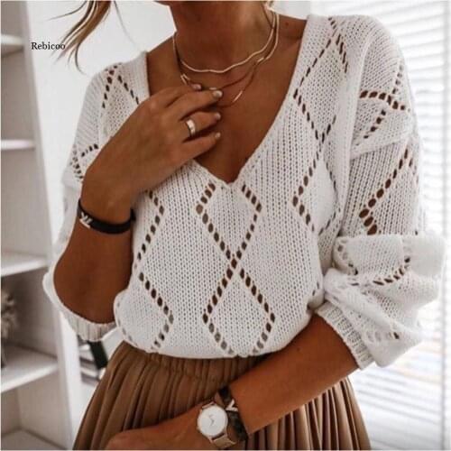 Women Solid Color Sweaters Diamond Hollow Out Design See Through V-Neck Long Sleeve Spring Autumn Casual Loose Kniited Top