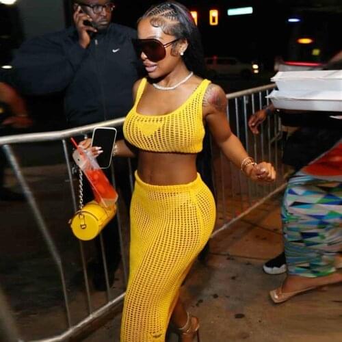 Skirt High Street Hollow Out Cleavage Sleeveless Tank Tops+Sheath Sexy See Through Skirt Knitted Two Piece Set Women