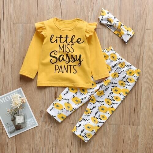 Newborn Baby Girl Clothes Fashion Letter Long Sleeve T-shirt+Casual Flower Pants+Headband Infant 3Pcs Clothing Outfits Set