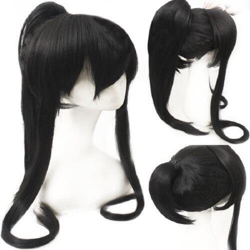 Black cosplay Wig with ponytail long straight Synthetic Wigs Heat Resistant fiber anime fake hair Costume Accessories