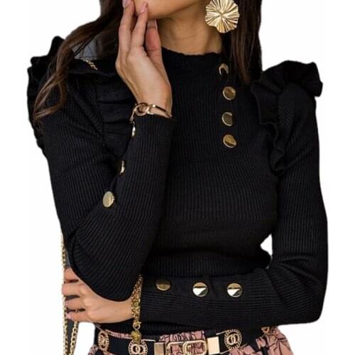 Elegant Women Autumn Winter Warm Sweaters Single-breasted Design Ruffles Decor High Collar Long Sleeve Solid Slim Knitted Top