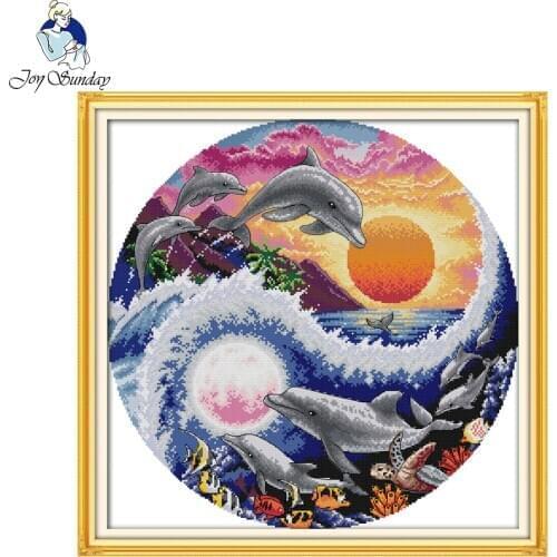 Joy sunday animal style Sun moon and dolphins modern christian cross stitch pattern kits craft gift for beginners