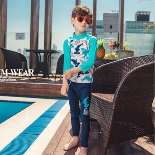 Two Piece Swimsuit For Boy Children Toddler Rash Guard Tankini Bathing Clothes Cute 2019 Boys Swimwear Long Sleeve Print Dolphin