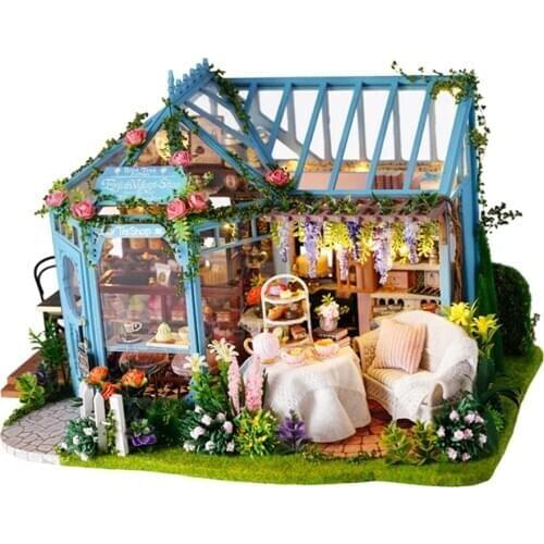 Miniature DIY Dollhouse Kit Tea House with Furniture, LED Light Crafts Gift