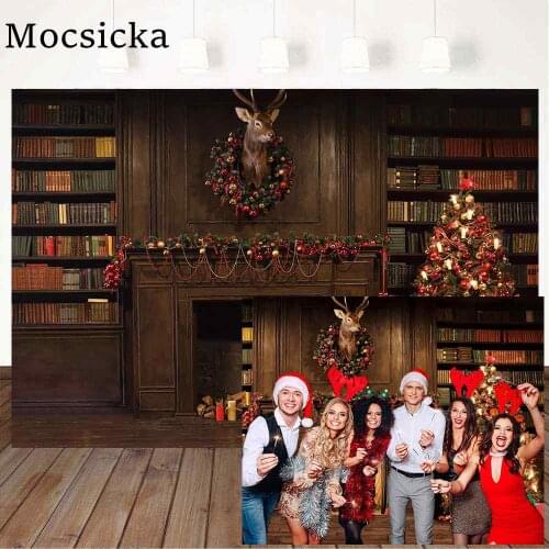 Mocsicka Merry Christmas Backdrop Vintage Bookshelf Christmas Tree Fireplace Reindeer Photo Backdrops Child Portrait PhotoStudio